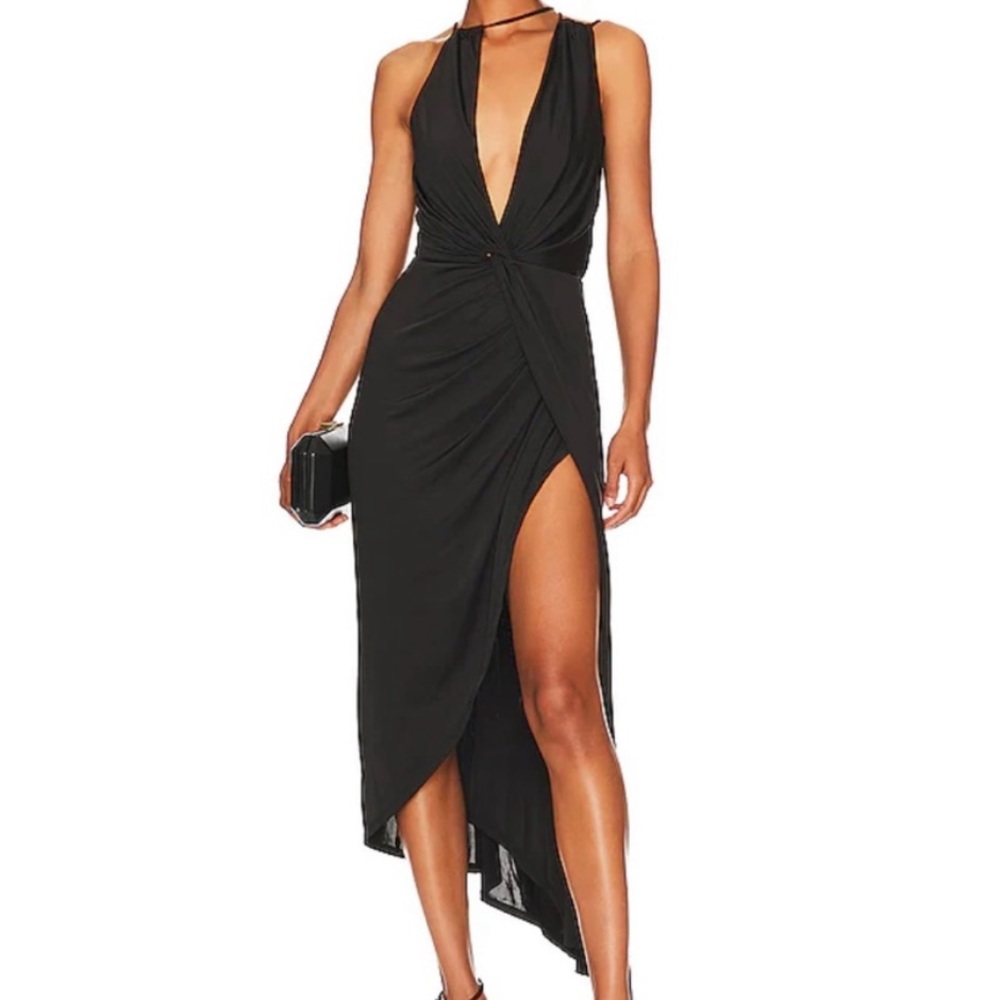 Revolve L’Academie Pom Black Plunge Split Dress XS